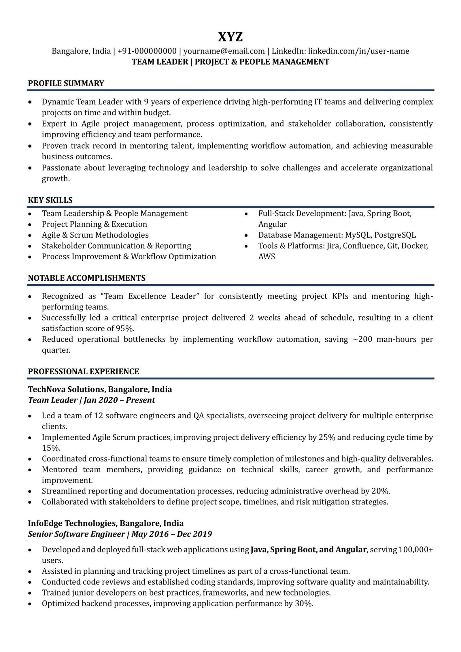 Team Leader Resume Sample