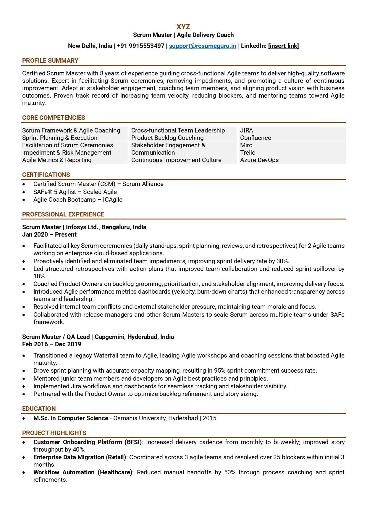 Scrum Master Resume Samples