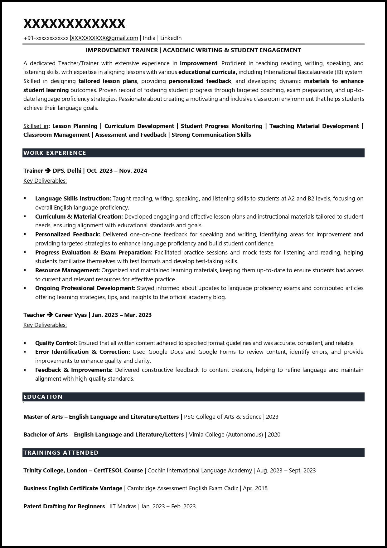 Teacher Resume Example