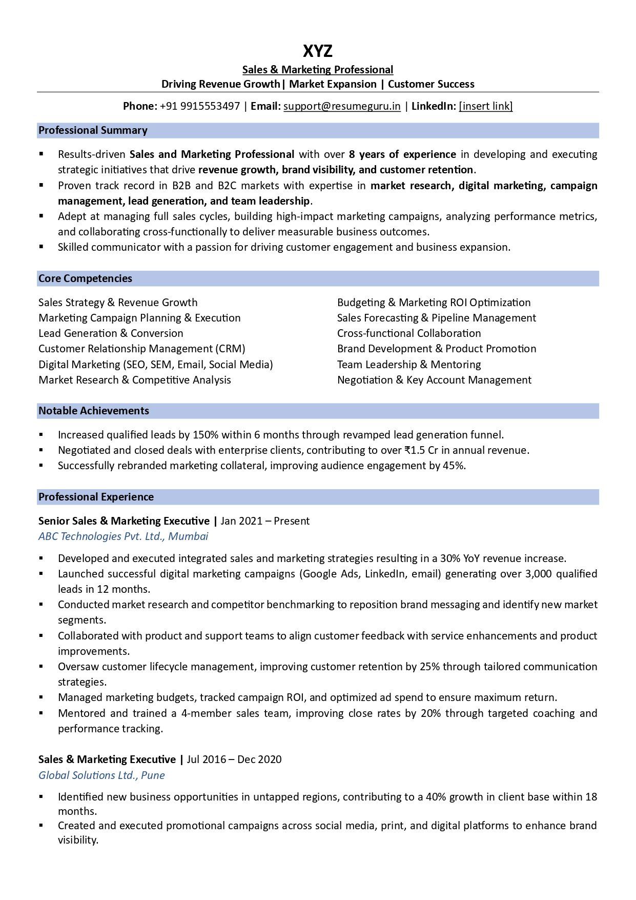 Sales And Marketing Resume Sample